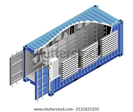 Blue cargo container or shipping container. Crtypo mining farm container concept vector illustration