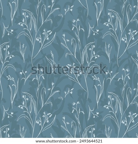 Abstract delicate floral pattern of thin blue gray wildflowers on tonal background. Endless repeat in casual romantic style.