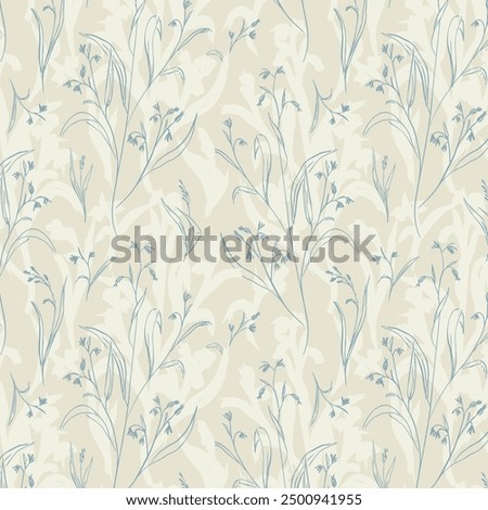 Abstract delicate floral pattern of thin blue wildflowers on tonal beige background. Seamless textured repeat in casual romantic style.