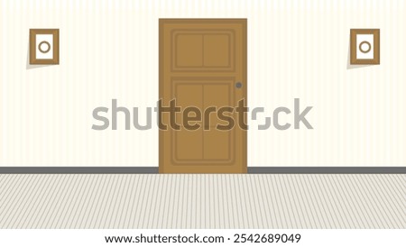 Illustration of a closed wooden door centered on a beige wall with framed pictures. The minimalist design creates a warm and neutral ambiance