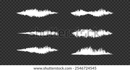 Set of Six Unique Audio Waveform Vectors isolated on a black Transparent Background