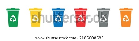 Recycle bin icon set with six colors. Green, yellow, blue, red, grey, and orange. Transparent background. Isolated on a white layer.