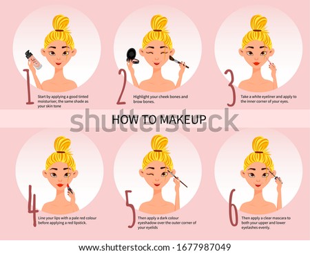 Female character with makeup scheme and makeup kit. Cartoon style. Vector illustration