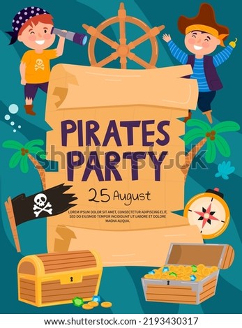 Pirates party kids adventure cartoon posters with treasure chest with gold on secret island, invitation to children event, vector vertical flyers set.