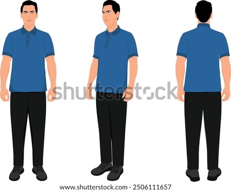 Set of Businessman character in all poses, front, back and side view, Businessman Causal Outfit, 2d character, Vector realistic illustration.