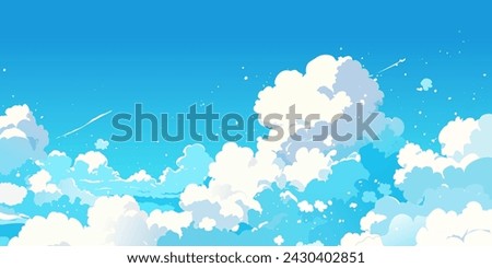 Sky with Clouds. Anime background. Cloudy vector cartoon illustration with blue colors. Nature abstract wallpaper. 