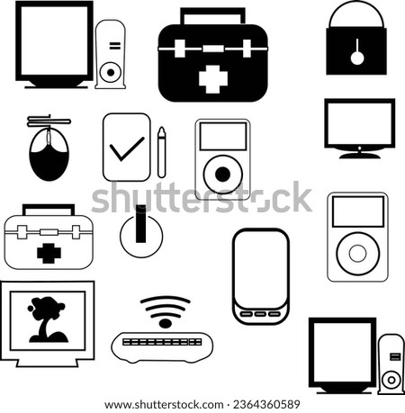 laptop, set, computer, icon, tablet, symbol, web, pc, technology, vector, monitor, camera, flat, phone, smartphone, design, device, joystick, internet, screen, display, mouse, mobile, game, sign