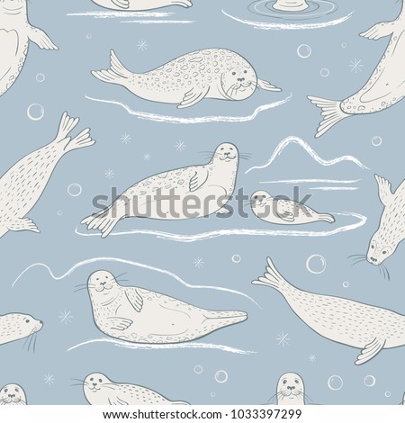 Cute vector pattern with white seals on a gray-blue background