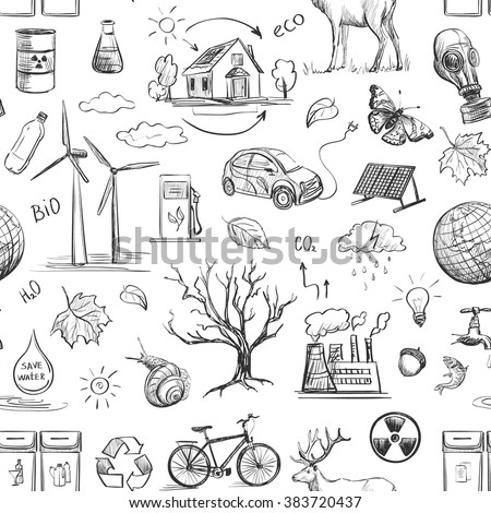 Ecology and recycle doodle icons set, excellent vector illustration. 
Hand-drawn seamless pattern
