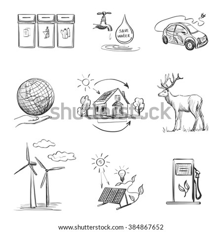Ecology and recycle doodle icons set, excellent vector illustration. 
Hand-drawn

