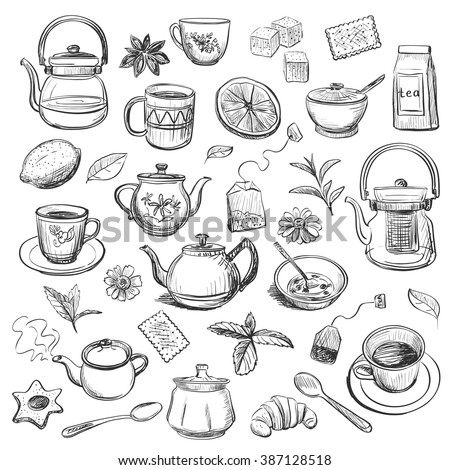 A collection of tea items on a white background. Isolated hand drawing.