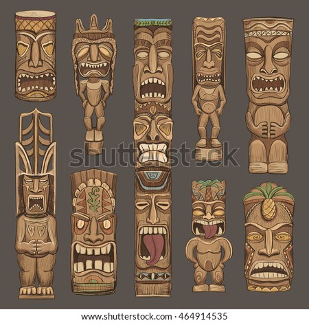 
Collection of wooden tiki idols . Beautiful color illustration