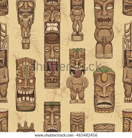 Collection of wooden tiki idols. 
Seamless pattern