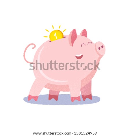 Cheerful pink funny piggy Bank smiles. A gold coin in a piggy Bank. Piggy bank. Moneybox. Coin box.