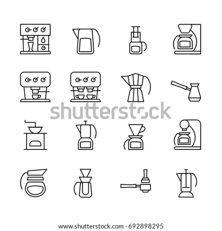 Vector icons of coffeemakers in the style of minimalism. Light line symbols of machines for coffee for your design.