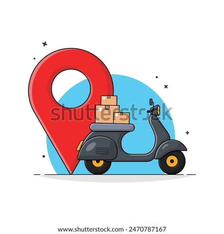 Black Scooter with Boxes and Location Sign Vector Illustration. Delivery Concept Design