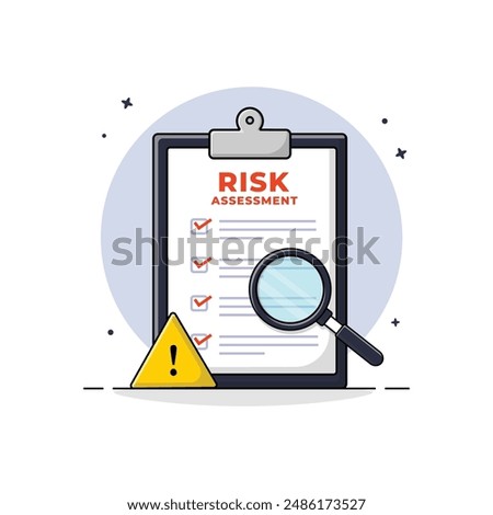 Clipboard with Magnifying Glass and Warning Sign Vector Illustration. Risk Assessment Concept Design