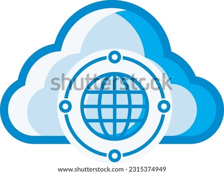 The cloud icon with a blue and white globe symbol represents global scale and accessibility in the cloud. This design can be used as a decorative illustration with a cloud computing theme.