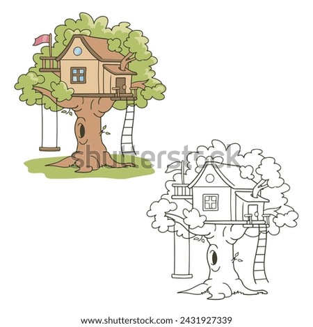 a tree house vector illustrations. Simple Design Outline Style. You can give color you like. drawing with line-art on white backgrounds