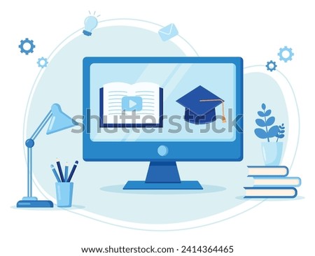 Online classes concept on monitor screen for e-learning course, webinar and online education on desktop, vector flat illustration