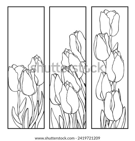 Set of bookmarks with tulips. Coloring bookmarks in the mood of spring. Hand drawn in line style. Coloring for both children and adults. A beautiful gift for spring holidays, Mother's Day.