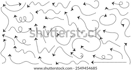 Set of hand drawn thin dash line arrows. Collection of curved pointers