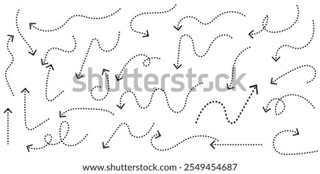 Set of hand drawn thin dash line arrows. Collection of curved pointers