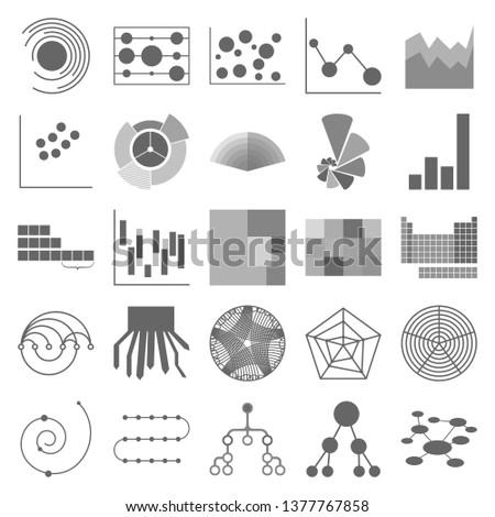The charts set of icons - sankey diagram, Venn Diagram, line chart, Puzzle, concentric diagram, funnel, bubble chartbubble chart