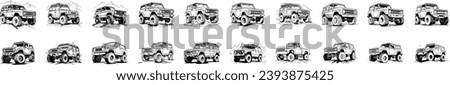 Hand-drawn vector illustration presents a monochrome off-road car ensemble, showcasing rugged vehicle designs ideal for adventure.