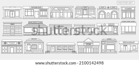Set of city buildings on a light gray background. Building icons. Outline style.Set of icons of markets, grocery stores, restaurants, cafes, pizzerias and other city buildings