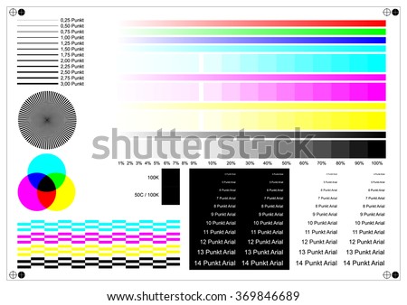printer test chart with Siemens star and color gradients to determine print quality