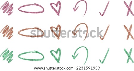 Hand drawn glitter shapes. Arrow, heart, wavy lines, brush stroke