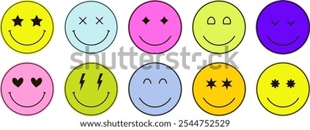 Colorful y2k groovy smiley faces with stars, hearts, lightning 