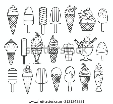 Set of ice creams outline for coloring book.Line art design for kids coloring page. Vector illustration. Isolated on white background