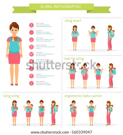 Mothers with their babies in slings.Four types of baby carrier sling ring, sling scarf, mei tai sling, ergonomic baby carrier. Linear icons. Isolated on white background. Vector illustration.