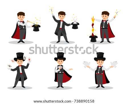 Collection of magicians.Magicians with doves, playing cards, magic winds and hats.Isolated on white background. Cartoon style. Vector illustration