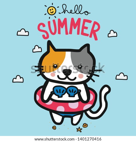 Hello summer cat wear bikini cartoon vector illustration