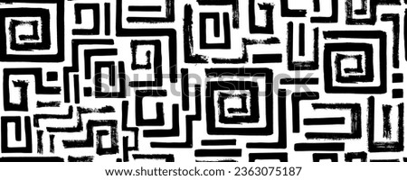 Abstract maze geometric background. Hand drawn seamless pattern with bold square lines. Black and white intricate vector background with brush strokes. Irregular maze and labyrinth pattern.