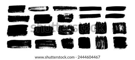 Brush strokes. Vector paintbrush set. Grunge design elements. Rectangle text boxes. Dirty distress texture banners. Ink splatters. Grungy painted objects.