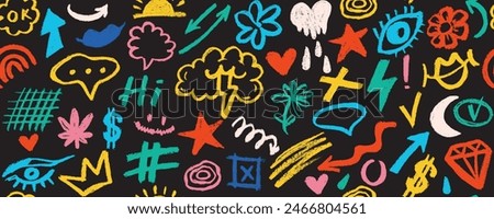 Fun colorful line doodle seamless pattern. Creative comic style art background, trendy design with scribble shapes on black backdrop.