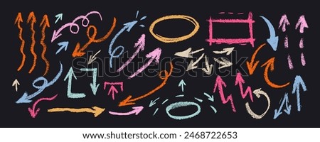 Group of chalked arrows and frames. Hand drawn black charcoal symbols for hand drawn diagrams. Vector doodle marker drawing. Freehand different curved arrows, swirls, crosses, circles and check marks
