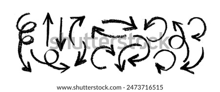 Collection  curved arrows  painted bold brush. Hand drawn vector thick marker arrows. Curved and wavy brush strokes. Seamless banner with vector direction pointers. Bold brush strokes with scratches
