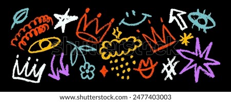 Collection of hand drawn colorful charcoal doodle shapes and squiggles in childish girly style. Pencil drawings isolated on black. Crowns, stars, flower, eye, cloud  and arrows doodle collage elements