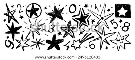 Set stars, meteorite and figure doodle style  drawn by hand. Grunge scrawls, charcoal scribbles, rough brush strokes, underline. Bold charcoal freehand stars. Crayon or marker scribbles