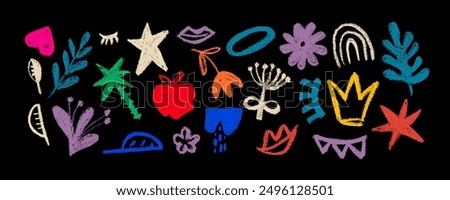 Collection of hand drawn colorful charcoal doodle shapes and squiggles in childish girly style. Pencil drawings isolated on black. Crown, stars, flower, heart and rainbow doodle collage elements.