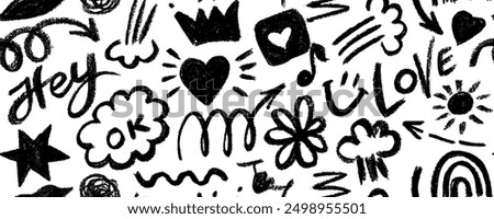 Seamless banner design with charcoal doodle shapes in childish drawing style. Hand drawn creative playful background. Simple childish doodle wallpaper print with stars, crown, speech bubble and heart