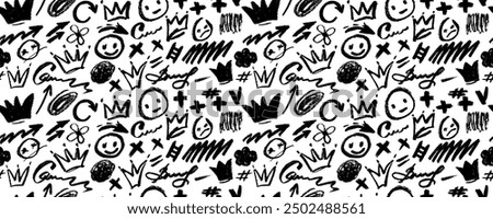 Vector seamless pattern with  charcoal graffiti doodle punk and girly shapes . Hand drawn abstract scribbles and squiggles, creative various shapes, pencil drawn icons.