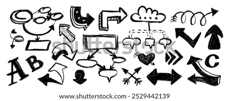 Hand drawn arrow vector icons set. Sketch arrow design for business plan and education. Set of arrows black icons. Circle arrows, rotate arrow, redo process symbol.