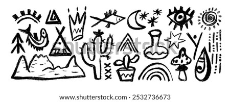 Set of Mexican  tribe sign and symbols. Abstract aztec totem idols, ancient inca maya civilizations primitive traditional signs. Vector ornament of native americans, aztecs, maya, incas.