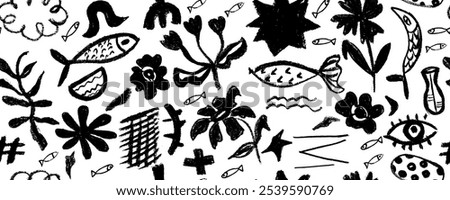 Collection of hand drawn  charcoal doodle shapes and squiggles in childish girly style. Pencil drawings isolated on white. Stars, grid, flower, eye, fish, branch and cloud doodle collage elements